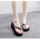 Bohemian Style Flip Flops Floral Wedge Women Slippers - Black