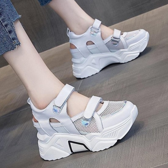 Platform Wedge Thick Sole Lace Up Mesh Women Sneakers - White |image