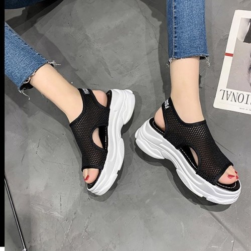 Mesh Cut Out Detail Open Toe Sport Velcro Women Sandals - Black |image