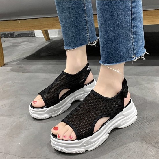 Mesh Cut Out Detail Open Toe Sport Velcro Women Sandals - Black |image