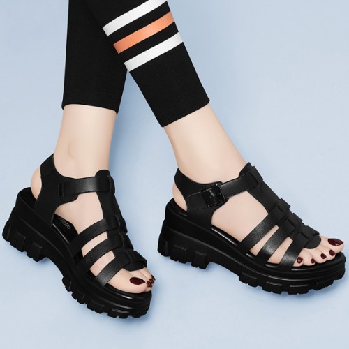 Soft Thick Soled Hollow Out Strappy Wedge Buckle Sandals - Black |image