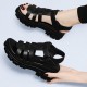 Soft Thick Soled Hollow Out Strappy Wedge Buckle Sandals - Black |image