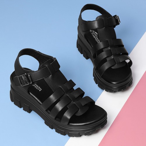 Soft Thick Soled Hollow Out Strappy Wedge Buckle Sandals - Black |image