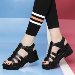 Soft Thick Soled Hollow Out Strappy Wedge Buckle Sandals - Black