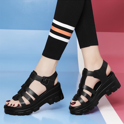 Soft Thick Soled Hollow Out Strappy Wedge Buckle Sandals - Black |image