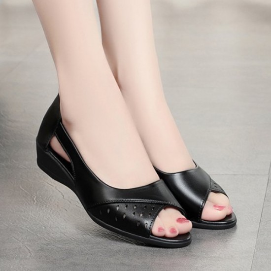 Roman Style Chunky Wedges Peep Toe Soft Sole Women Sandals - Black |image