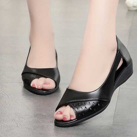 Roman Style Chunky Wedges Peep Toe Soft Sole Women Sandals - Black |image