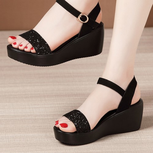 Wedge Ankle Buckle Strappy Open Toe Platform Sandals - Black |image