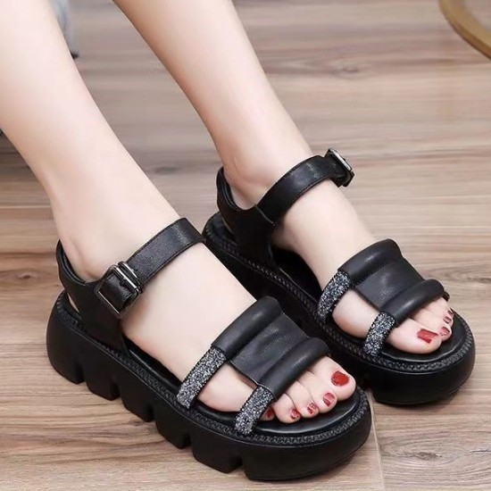 Platform Thick Soled Open Toe Sawtooth Buckle Closure Sandals - Black |image