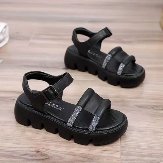 Platform Thick Soled Open Toe Sawtooth Buckle Closure Sandals - Black |image