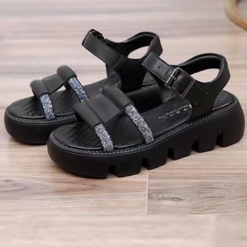 Platform Thick Soled Open Toe Sawtooth Buckle Closure Sandals - Black |image