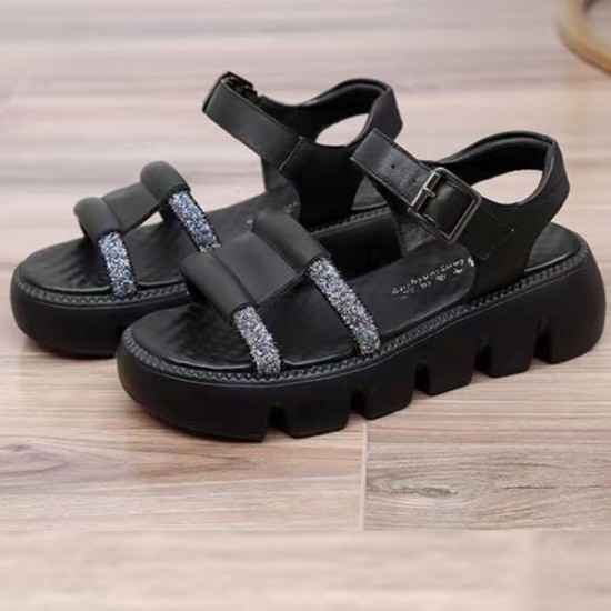 Platform Thick Soled Open Toe Sawtooth Buckle Closure Sandals - Black |image