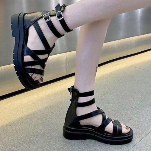 Comfort High Top Buckle Decor Zipper Back Women Sandals - Black |image