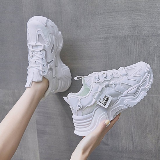 Trendy Thick Sole Low Cut Round Head Lace Up Sports Sneakers - White |image