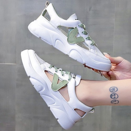Comfortable Hollow Out Lace Up Soft Sole Flat Women Sneakers - Green |image