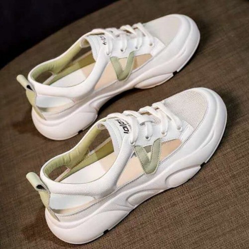 Comfortable Hollow Out Lace Up Soft Sole Flat Women Sneakers - Green |image