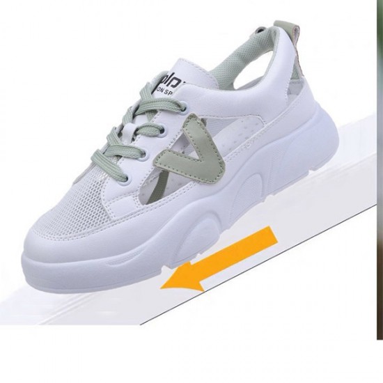 Comfortable Hollow Out Lace Up Soft Sole Flat Women Sneakers - Green |image