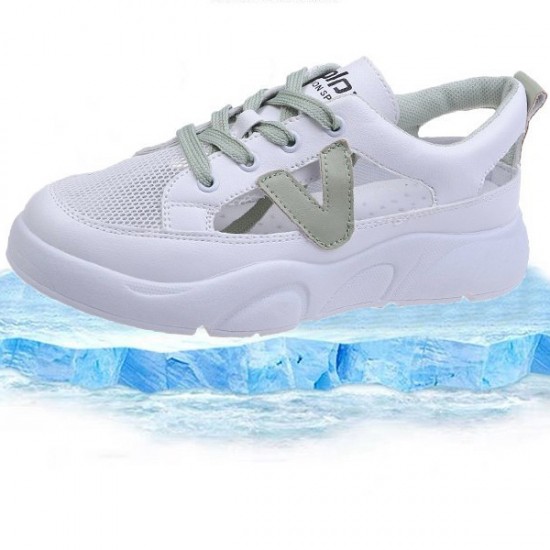 Comfortable Hollow Out Lace Up Soft Sole Flat Women Sneakers - Green |image