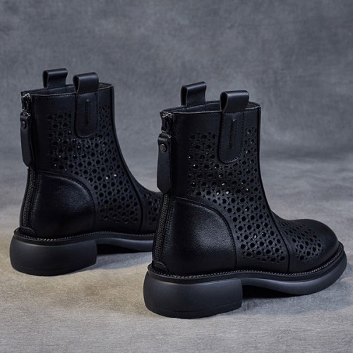 Retro Martin Back Zipper Non Slip Women Chunky Heel Boots - Black |image