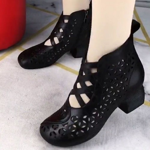 Breathable Thick Heel Non-slip Hollows Cross Straps Casual Shoes - Black |image