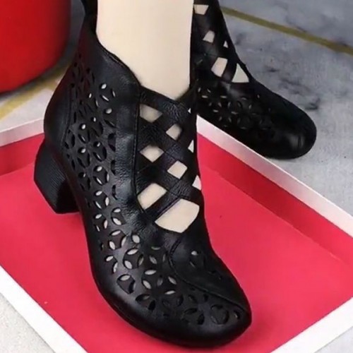Breathable Thick Heel Non-slip Hollows Cross Straps Casual Shoes - Black |image