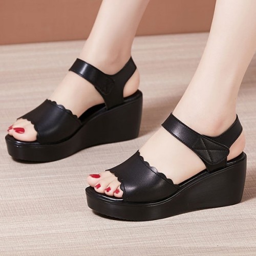 Platform Velcro Strappy Fish Mouth Women Wedge Sandals - Black |image