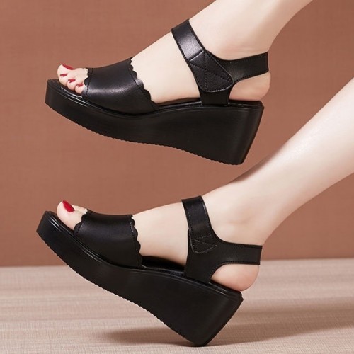 Platform Velcro Strappy Fish Mouth Women Wedge Sandals - Black |image