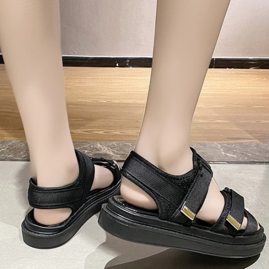 Sports Style Cross Straps Flat Soft Sole Round Head Velcro Sandals - Black |image
