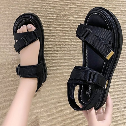 Sports Style Cross Straps Flat Soft Sole Round Head Velcro Sandals - Black |image