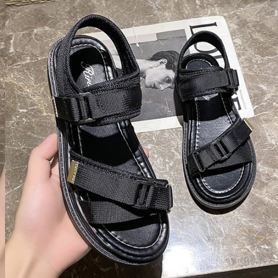 Sports Style Cross Straps Flat Soft Sole Round Head Velcro Sandals - Black |image