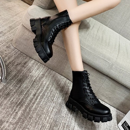 Trendy Lace-up Thick Soled Chunky Side Zipper High Top Boots - Black |image