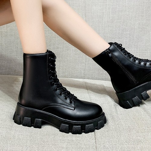 Trendy Lace-up Thick Soled Chunky Side Zipper High Top Boots - Black |image