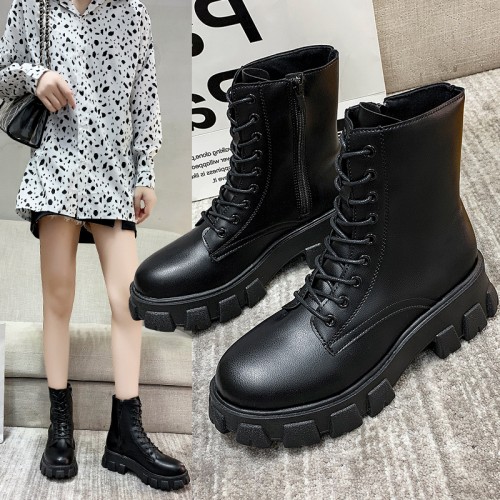 Trendy Lace-up Thick Soled Chunky Side Zipper High Top Boots - Black |image