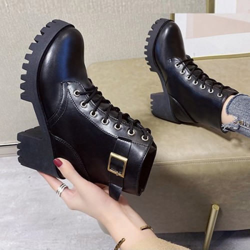 Comfortable Laces Belt Buckle Thick Bottom Ankle High Heel Boots - Black |image