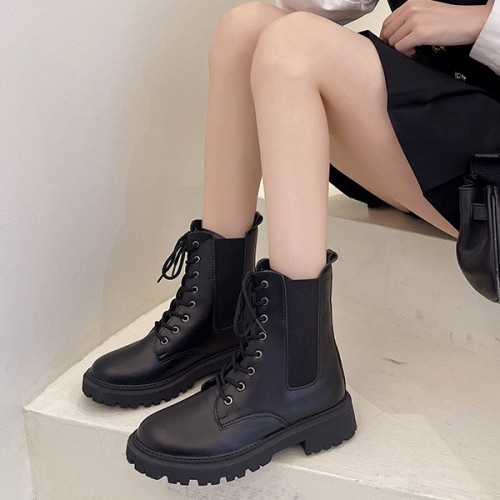 Military Lace Up Lacing Design Women Square Heel Short Boots - Black |image