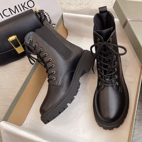 Military Lace Up Lacing Design Women Square Heel Short Boots - Black |image