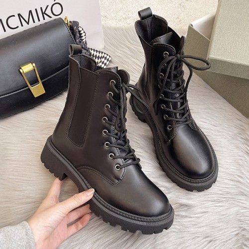 Military Lace Up Lacing Design Women Square Heel Short Boots - Black |image