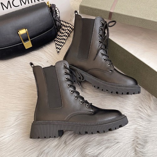 Military Lace Up Lacing Design Women Square Heel Short Boots - Black |image