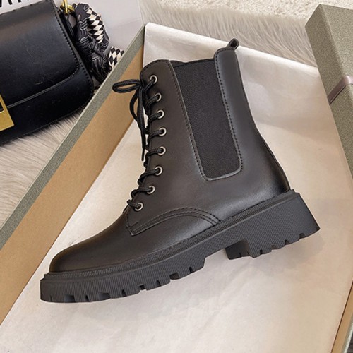 Military Lace Up Lacing Design Women Square Heel Short Boots - Black |image