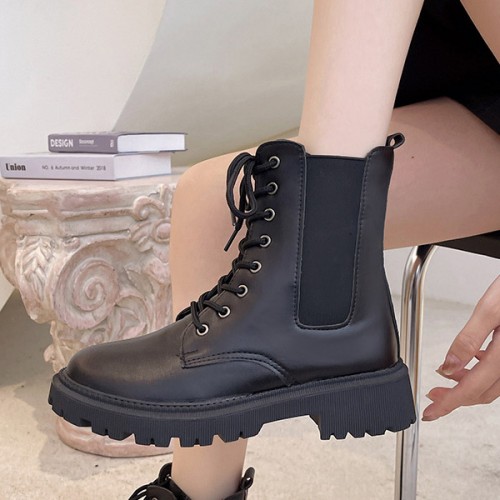 Military Lace Up Lacing Design Women Square Heel Short Boots - Black |image