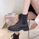 Military Lace Up Lacing Design Women Square Heel Short Boots - Black |image