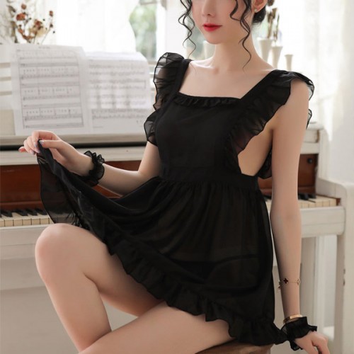 Sweet Square Neck Transparent Mini Ruffle Women Nightdress - Black |image