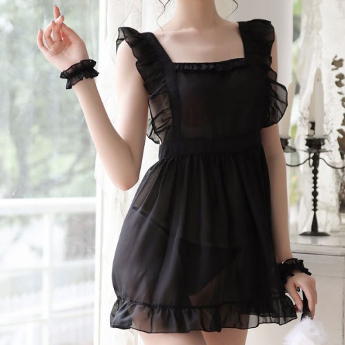 Sweet Square Neck Transparent Mini Ruffle Women Nightdress - Black |image