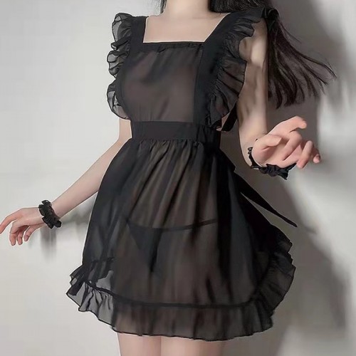 Sweet Square Neck Transparent Mini Ruffle Women Nightdress - Black |image