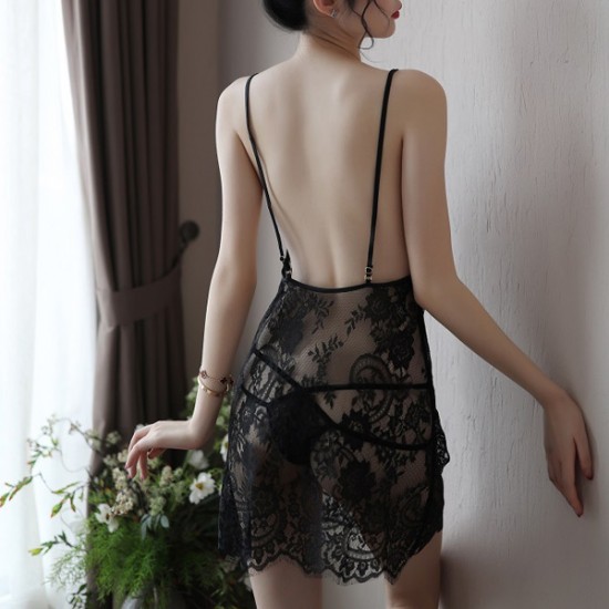 Show Image for Transparent Mini Lace Floral Detail Shoulder Straps Bodysuit - Black Transparent Mini Lace Floral Detail Shoulder Straps Bodysuit - Black |image