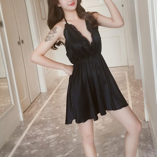 Beauty Back Silk Deep V Tie Knot Front Women Nightwear - Black |image