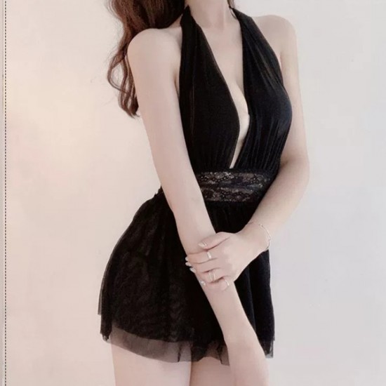 Backless Halter Neck Mesh Short Skirt See Through Nightwear - Black |image