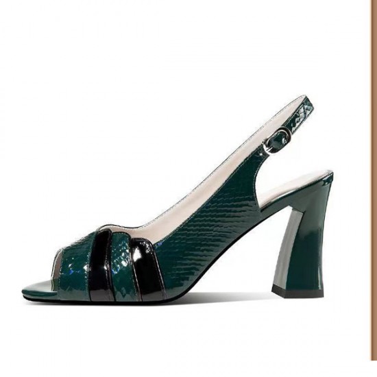 Fish Mouth Strap Design Buckle Closure Squire Heel Sandals - Green |image