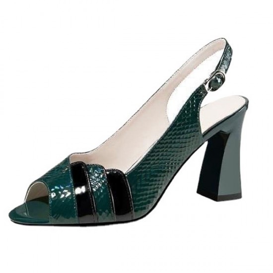 Fish Mouth Strap Design Buckle Closure Squire Heel Sandals - Green |image