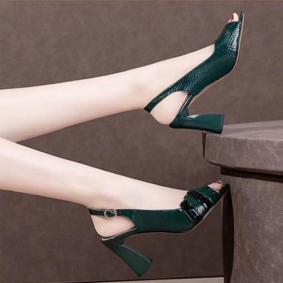 Fish Mouth Strap Design Buckle Closure Squire Heel Sandals - Green |image